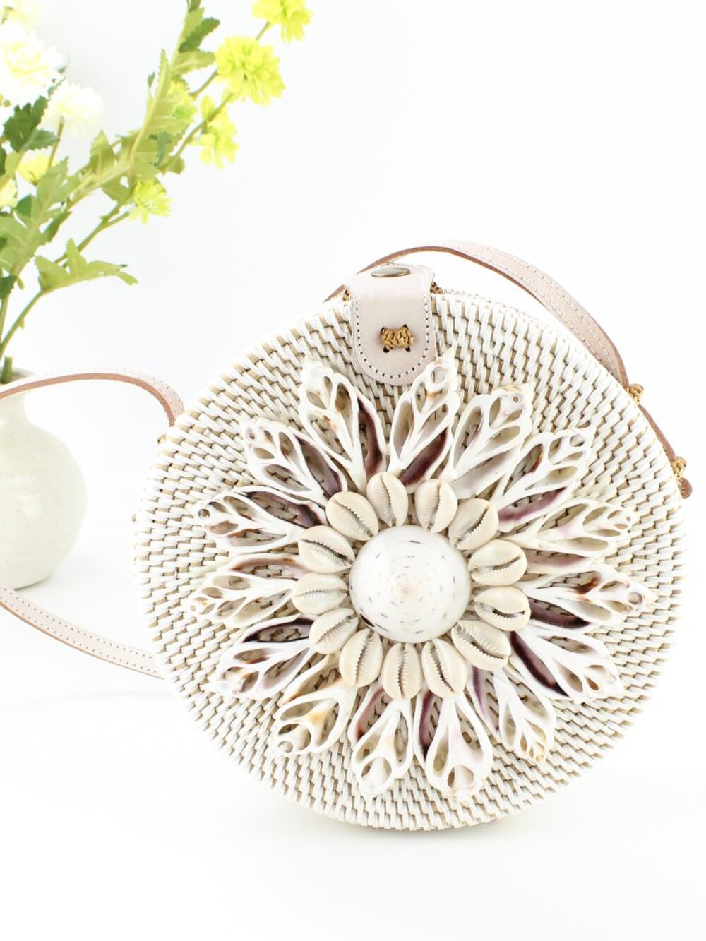 New Handmade Bali White Rattan Seashell Flower Crossbody Bag |Boho Coastal